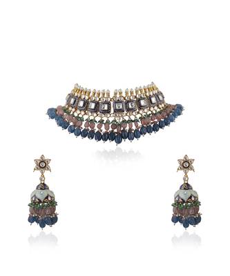 Multi Coloured Choker Necklace With Jhumkas Embellished In Blue Mina Work With A Hint Of Pastel Shades 2