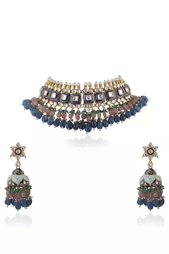 Multi Coloured Choker Necklace With Jhumkas Embellished In Blue Mina Work With A Hint Of Pastel Shades