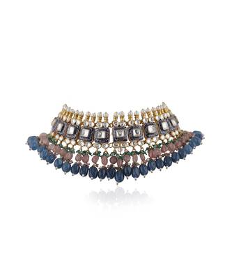 Multi Coloured Choker Necklace With Jhumkas Embellished In Blue Mina Work With A Hint Of Pastel Shades 3
