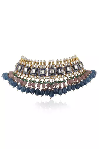 Multi Coloured Choker Necklace With Jhumkas Embellished In Blue Mina Work With A Hint Of Pastel Shades