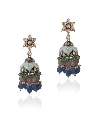 Multi Coloured Choker Necklace With Jhumkas Embellished In Blue Mina Work With A Hint Of Pastel Shades 4