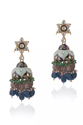 Multi Coloured Choker Necklace With Jhumkas Embellished In Blue Mina Work With A Hint Of Pastel Shades