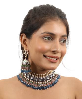 Multi Coloured Choker Necklace With Jhumkas Embellished In Blue Mina Work With A Hint Of Pastel Shades 1
