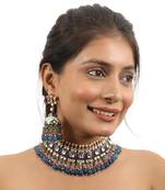 Multi Coloured Choker Necklace With Jhumkas Embellished In Blue Mina Work With A Hint Of Pastel Shades