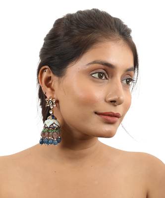 Multi Coloured Choker Necklace With Jhumkas Embellished In Blue Mina Work With A Hint Of Pastel Shades 5