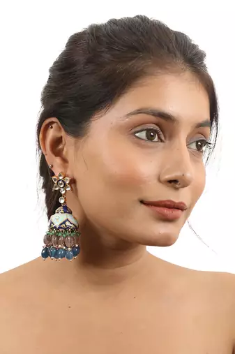 Multi Coloured Choker Necklace With Jhumkas Embellished In Blue Mina Work With A Hint Of Pastel Shades