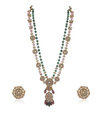 Long Necklace With White Floral Motives Beaded With Sea Green And Pastel Pink Beads 2