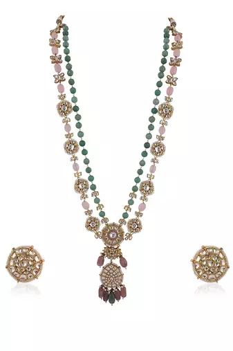 Long Necklace With White Floral Motives Beaded With Sea Green And Pastel Pink Beads