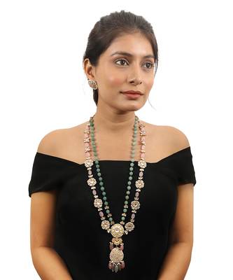 Long Necklace With White Floral Motives Beaded With Sea Green And Pastel Pink Beads 1