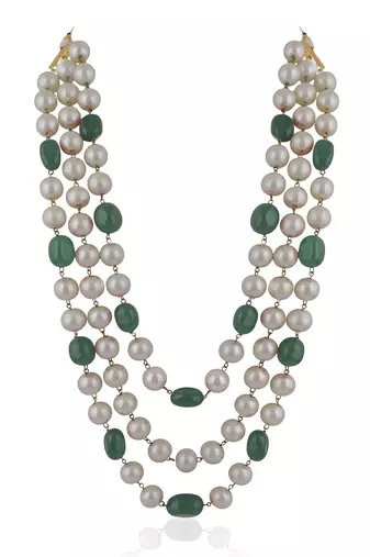 Three String Maala Necklace With Pearls And Emeralds
