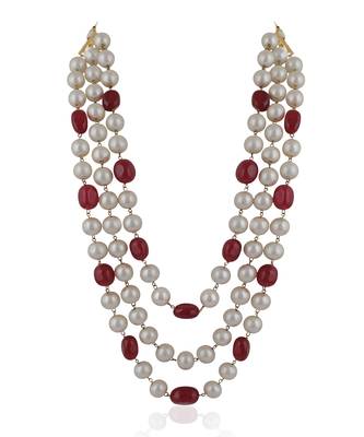 Three String Maala Necklace With Pearls And Ruby Beads 2