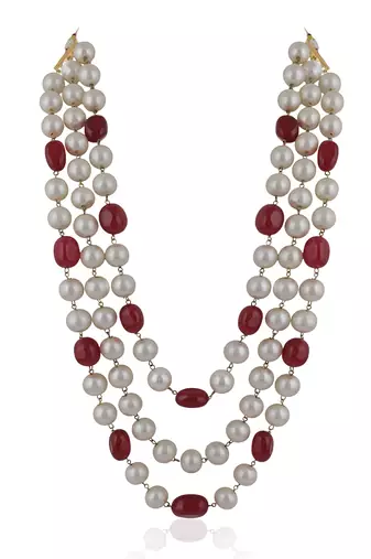 Three String Maala Necklace With Pearls And Ruby Beads