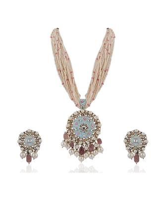 Long Necklace Set With Firozi Mina Work Pendant And Pastel Pink Beads 2