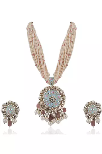 Long Necklace Set With Firozi Mina Work Pendant And Pastel Pink Beads