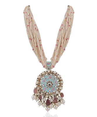 Long Necklace Set With Firozi Mina Work Pendant And Pastel Pink Beads 3