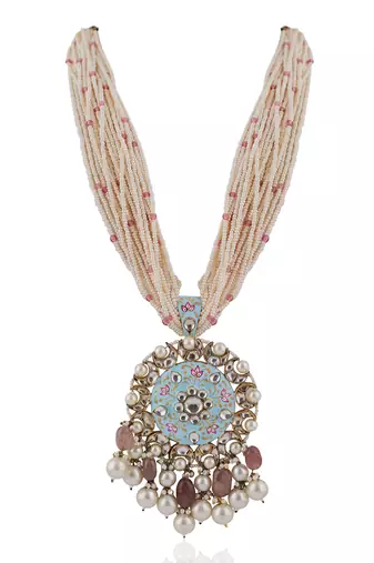 Long Necklace Set With Firozi Mina Work Pendant And Pastel Pink Beads
