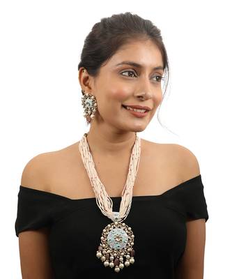 Long Necklace Set With Firozi Mina Work Pendant And Pastel Pink Beads 1