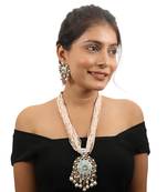Long Necklace Set With Firozi Mina Work Pendant And Pastel Pink Beads
