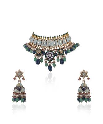 Choker Necklace Design In Multicolour Shades Of Blues And Greens With Jhumki Earings 2