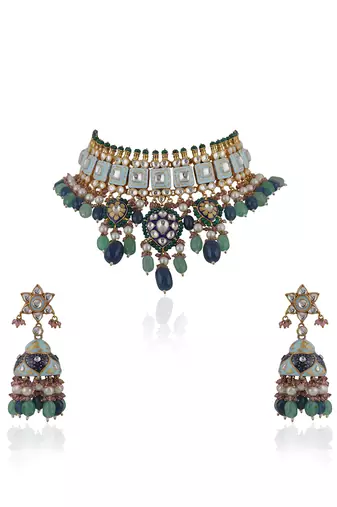 Choker Necklace Design In Multicolour Shades Of Blues And Greens With Jhumki Earings