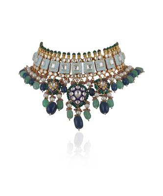 Choker Necklace Design In Multicolour Shades Of Blues And Greens With Jhumki Earings 3
