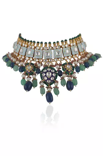 Choker Necklace Design In Multicolour Shades Of Blues And Greens With Jhumki Earings