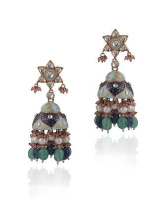 Choker Necklace Design In Multicolour Shades Of Blues And Greens With Jhumki Earings 4