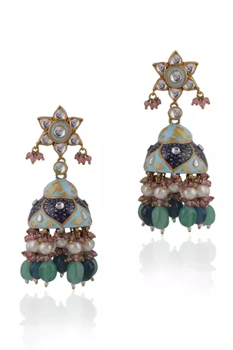 Choker Necklace Design In Multicolour Shades Of Blues And Greens With Jhumki Earings