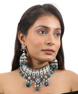 Choker Necklace Design In Multicolour Shades Of Blues And Greens With Jhumki Earings 1