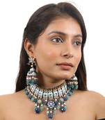 Choker Necklace Design In Multicolour Shades Of Blues And Greens With Jhumki Earings
