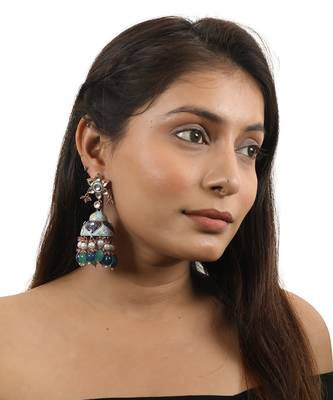 Choker Necklace Design In Multicolour Shades Of Blues And Greens With Jhumki Earings 5