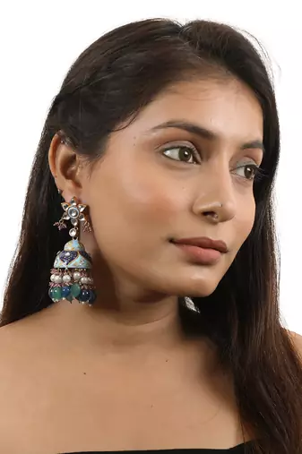 Choker Necklace Design In Multicolour Shades Of Blues And Greens With Jhumki Earings