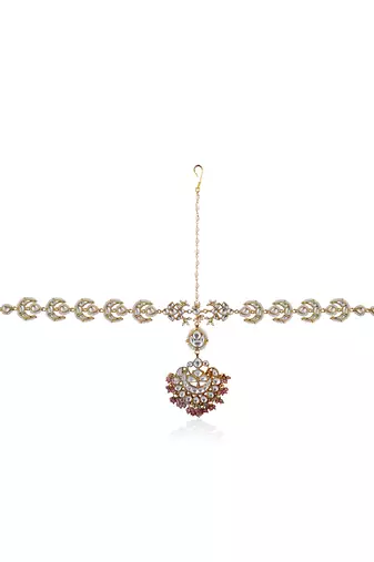 White Chand Mathapatti With Pastel Pink Small Hangings