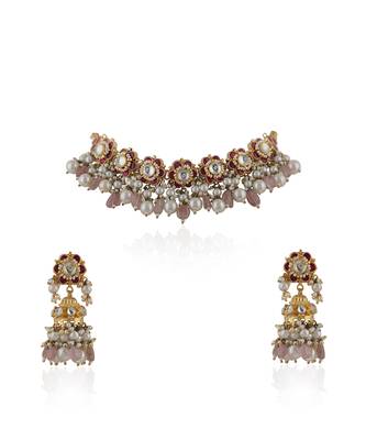 Delicate Choker Necklace With Floral Motives And Jhumki Earings In Pink Stones And Pearl Drops 2