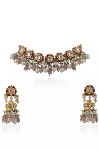 Delicate Choker Necklace With Floral Motives And Jhumki Earings In Pink Stones And Pearl Drops