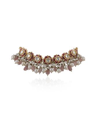 Delicate Choker Necklace With Floral Motives And Jhumki Earings In Pink Stones And Pearl Drops 3