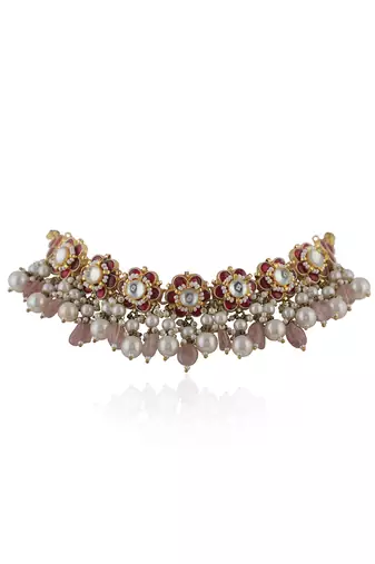 Delicate Choker Necklace With Floral Motives And Jhumki Earings In Pink Stones And Pearl Drops