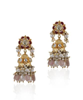 Delicate Choker Necklace With Floral Motives And Jhumki Earings In Pink Stones And Pearl Drops 4