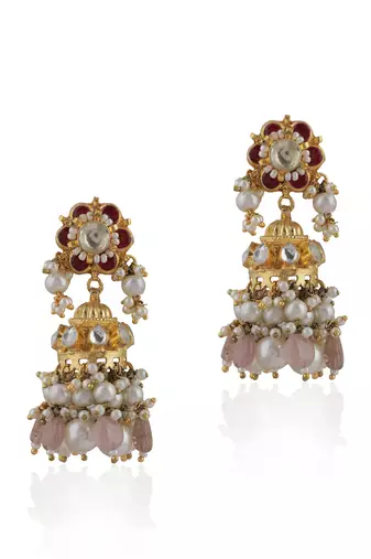 Delicate Choker Necklace With Floral Motives And Jhumki Earings In Pink Stones And Pearl Drops