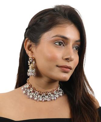 Delicate Choker Necklace With Floral Motives And Jhumki Earings In Pink Stones And Pearl Drops 1
