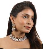 Delicate Choker Necklace With Floral Motives And Jhumki Earings In Pink Stones And Pearl Drops
