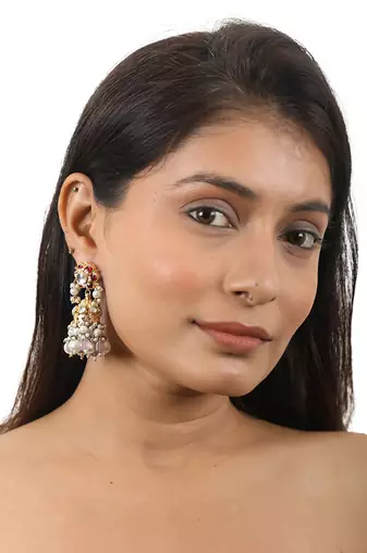 Delicate Choker Necklace With Floral Motives And Jhumki Earings In Pink Stones And Pearl Drops