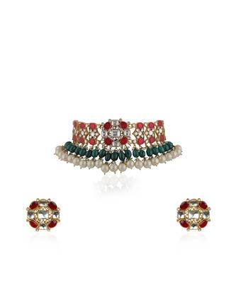 Choker Necklace Set In Red, With Studs And Emerald Drops 2