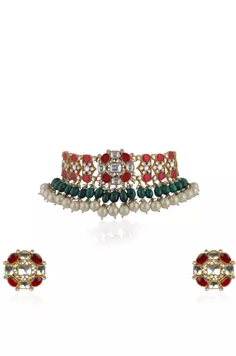 Choker Necklace Set In Red, With Studs And Emerald Drops