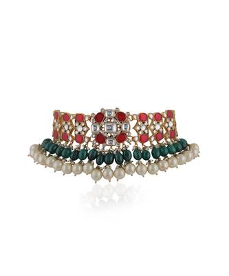 Choker Necklace Set In Red, With Studs And Emerald Drops 3