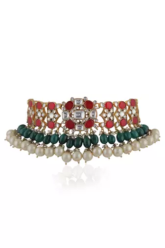 Choker Necklace Set In Red, With Studs And Emerald Drops