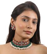 Choker Necklace Set In Red, With Studs And Emerald Drops