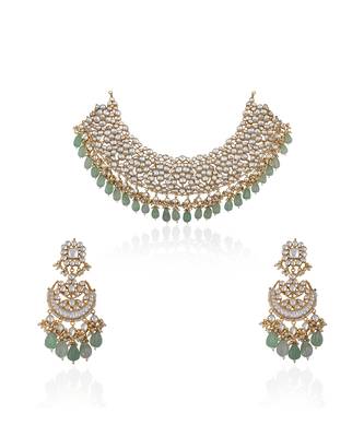 White Jadtar Necklace Set With Jade Green Drops And Chandbali Earrings 2