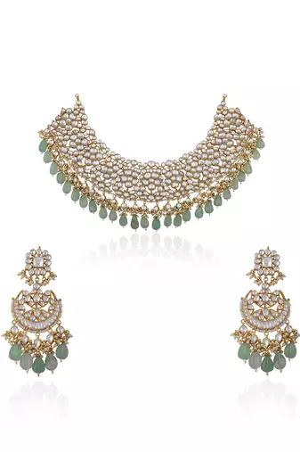 White Jadtar Necklace Set With Jade Green Drops And Chandbali Earrings