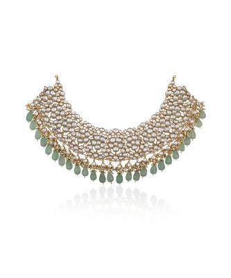 White Jadtar Necklace Set With Jade Green Drops And Chandbali Earrings 3
